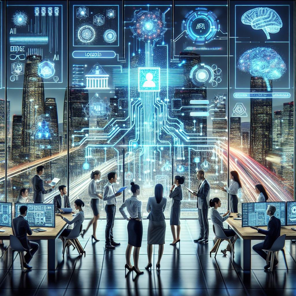 Futuristischer Bürobereich mit digitalen Anzeigen, holographischen Daten und moderner AI-Technologie im Zentrum, im Hintergrund eine futuristische Stadtsilhouette mit Künstlicher Intelligenz Anwendungen, von Genesis AI.