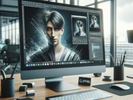 Moderner Arbeitsplatz mit großem Monitor, der eine KI-gestützte Hintergrundentfernung bei einem Portrait zeigt, umgeben von technischem Zubehör und natürlichem Licht durch Fenster.