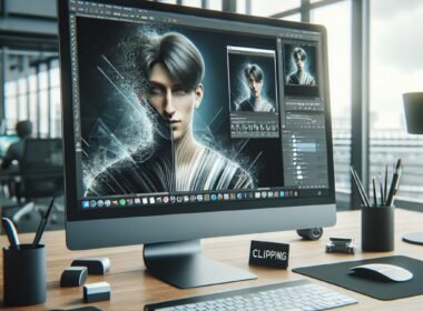 Moderner Arbeitsplatz mit großem Monitor, der eine KI-gestützte Hintergrundentfernung bei einem Portrait zeigt, umgeben von technischem Zubehör und natürlichem Licht durch Fenster.