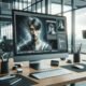 Moderner Arbeitsplatz mit großem Monitor, der eine KI-gestützte Hintergrundentfernung bei einem Portrait zeigt, umgeben von technischem Zubehör und natürlichem Licht durch Fenster.