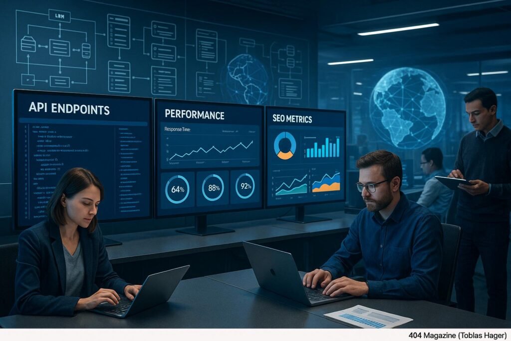 Ein technisches Airport-Control-Center mit Monitoren, Schemas und holographischem Globus, Mitarbeiter arbeiten konzentriert mit Tablets und Laptops.