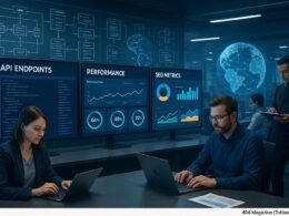 Ein technisches Airport-Control-Center mit Monitoren, Schemas und holographischem Globus, Mitarbeiter arbeiten konzentriert mit Tablets und Laptops.