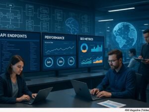 Ein technisches Airport-Control-Center mit Monitoren, Schemas und holographischem Globus, Mitarbeiter arbeiten konzentriert mit Tablets und Laptops.