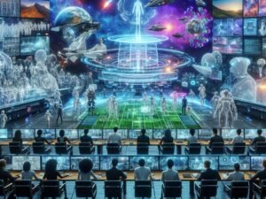 Fortschrittliches Filmstudio mit KI-gestützten Effekten, holographischen Interfaces und einem vielfältigen Team bei der kreativen Zusammenarbeit, dargestellt mit futuristischer Technik.