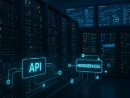Serverraum mit leuchtenden Servern, Netzwerkgeräten, API-Schnittstellen und Bildschirmen mit Datenvisualisierungen, repräsentiert technische Infrastruktur der Systemintegration.