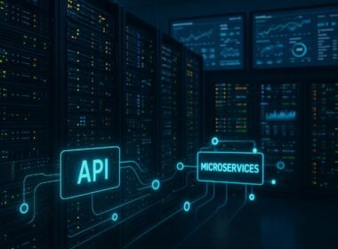 Serverraum mit leuchtenden Servern, Netzwerkgeräten, API-Schnittstellen und Bildschirmen mit Datenvisualisierungen, repräsentiert technische Infrastruktur der Systemintegration.