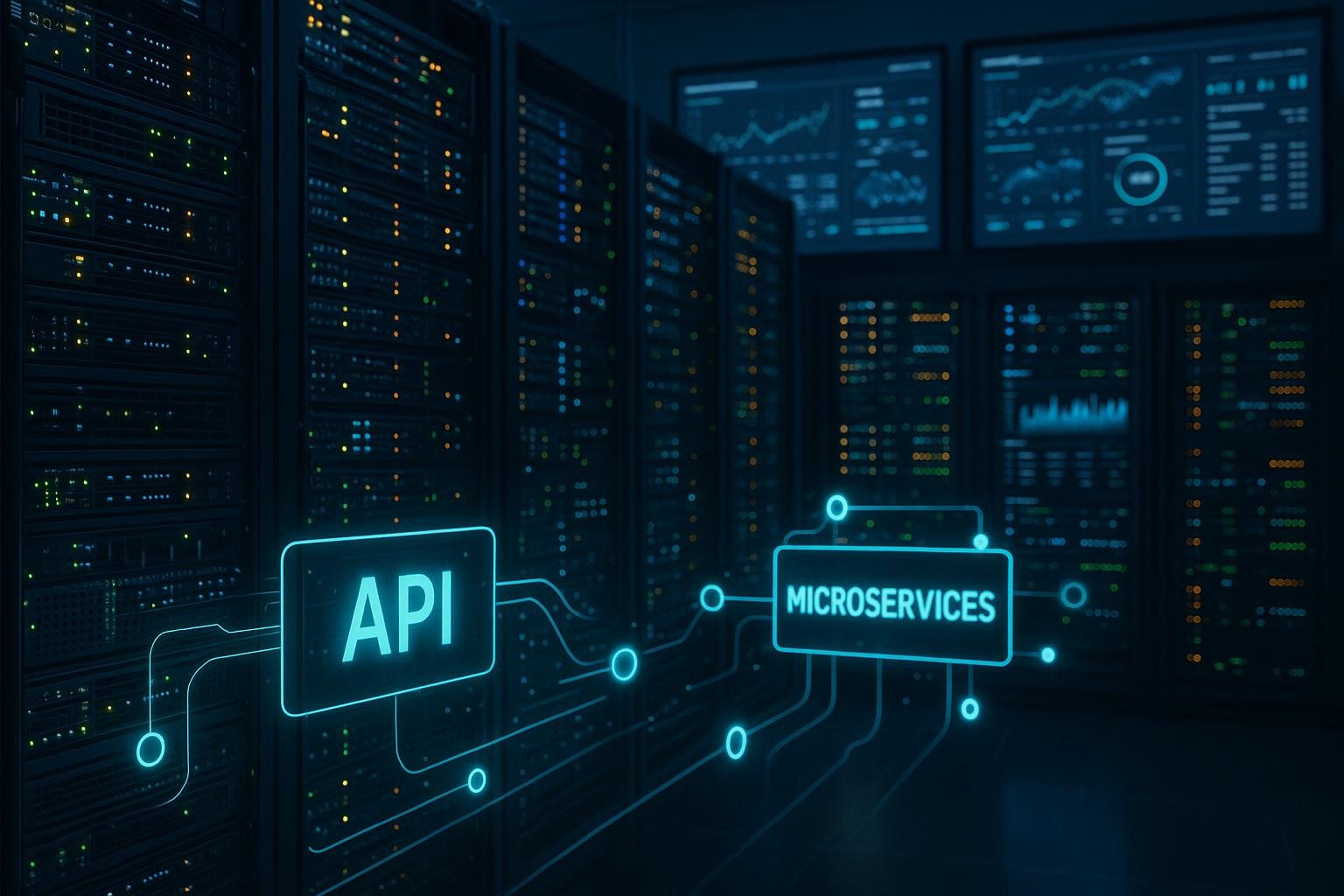 Serverraum mit leuchtenden Servern, Netzwerkgeräten, API-Schnittstellen und Bildschirmen mit Datenvisualisierungen, repräsentiert technische Infrastruktur der Systemintegration.