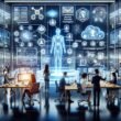 Futuristischer digitaler Arbeitsplatz mit KI-Chatbot, Datenanalysen und Team bei strategischer Planung, eingebettet in eine technologische Marketingumgebung.