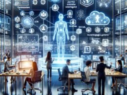 Futuristischer digitaler Arbeitsplatz mit KI-Chatbot, Datenanalysen und Team bei strategischer Planung, eingebettet in eine technologische Marketingumgebung.