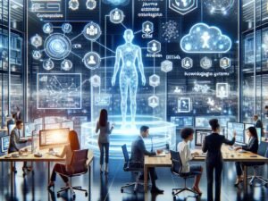Futuristischer digitaler Arbeitsplatz mit KI-Chatbot, Datenanalysen und Team bei strategischer Planung, eingebettet in eine technologische Marketingumgebung.