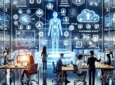 Futuristischer digitaler Arbeitsplatz mit KI-Chatbot, Datenanalysen und Team bei strategischer Planung, eingebettet in eine technologische Marketingumgebung.