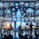 Futuristischer digitaler Arbeitsplatz mit KI-Chatbot, Datenanalysen und Team bei strategischer Planung, eingebettet in eine technologische Marketingumgebung.
