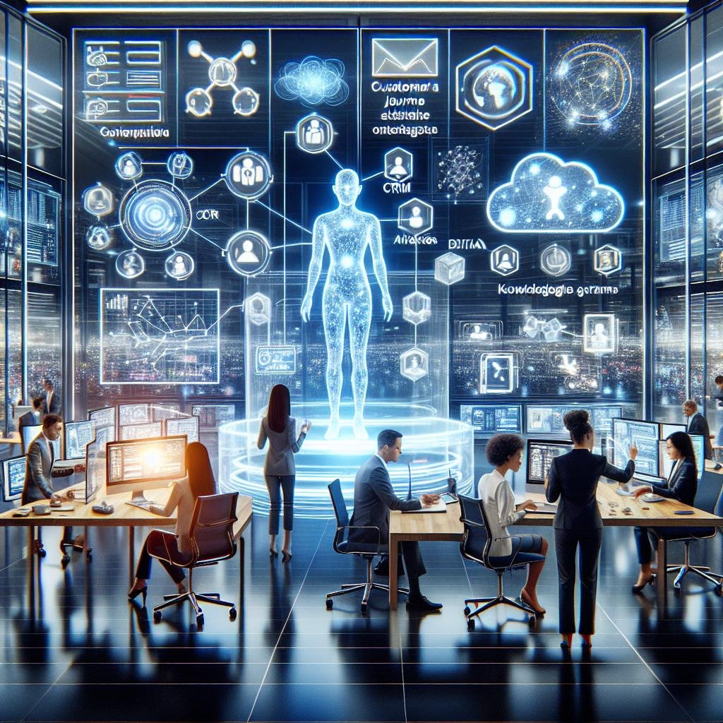 Futuristischer digitaler Arbeitsplatz mit KI-Chatbot, Datenanalysen und Team bei strategischer Planung, eingebettet in eine technologische Marketingumgebung.