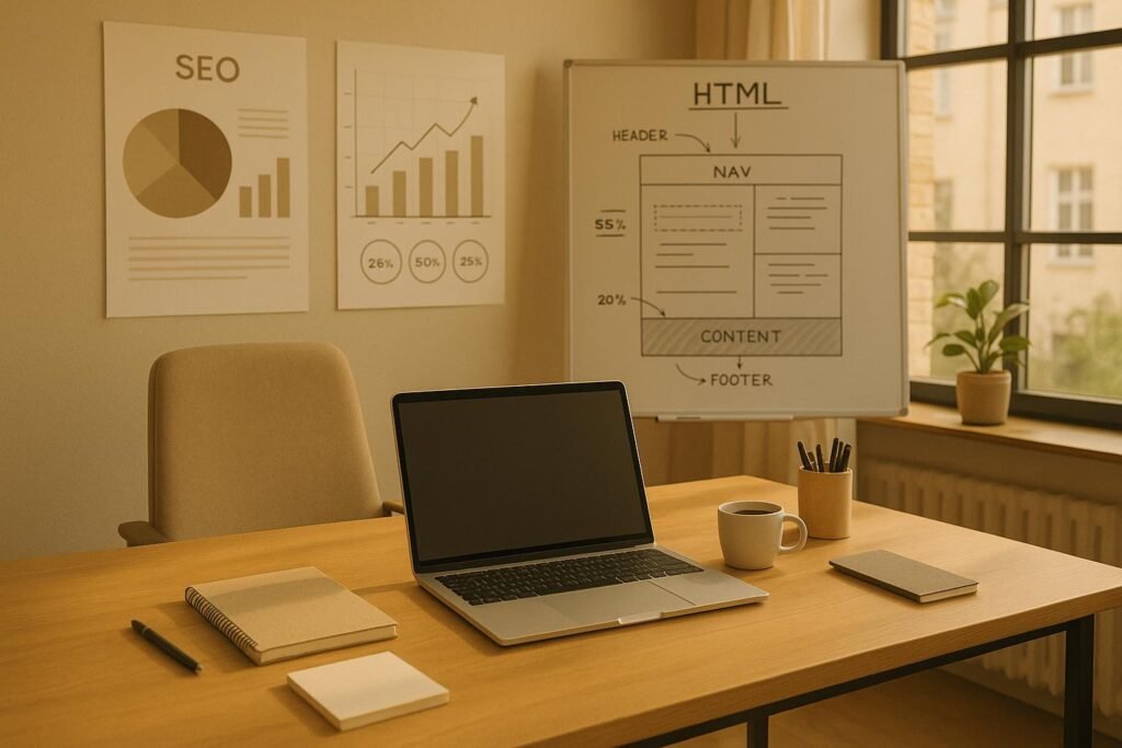 Modernes Büro-Arbeitszimmer in sanften Naturtönen mit Laptop, Notizbüchern, Whiteboard mit HTML-Skizzen und Charts an der Wand, beleuchtet von natürlichem Licht. Credit: 404 Magazine (Tobias Hager)