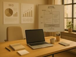 Modernes Büro-Arbeitszimmer in sanften Naturtönen mit Laptop, Notizbüchern, Whiteboard mit HTML-Skizzen und Charts an der Wand, beleuchtet von natürlichem Licht. Credit: 404 Magazine (Tobias Hager)