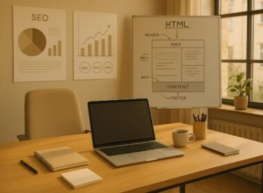 Modernes Büro-Arbeitszimmer in sanften Naturtönen mit Laptop, Notizbüchern, Whiteboard mit HTML-Skizzen und Charts an der Wand, beleuchtet von natürlichem Licht. Credit: 404 Magazine (Tobias Hager)