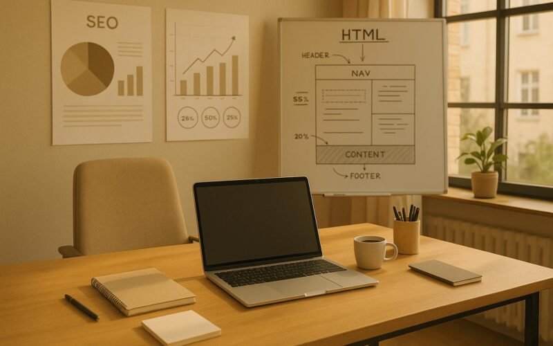 Modernes Büro-Arbeitszimmer in sanften Naturtönen mit Laptop, Notizbüchern, Whiteboard mit HTML-Skizzen und Charts an der Wand, beleuchtet von natürlichem Licht. Credit: 404 Magazine (Tobias Hager)