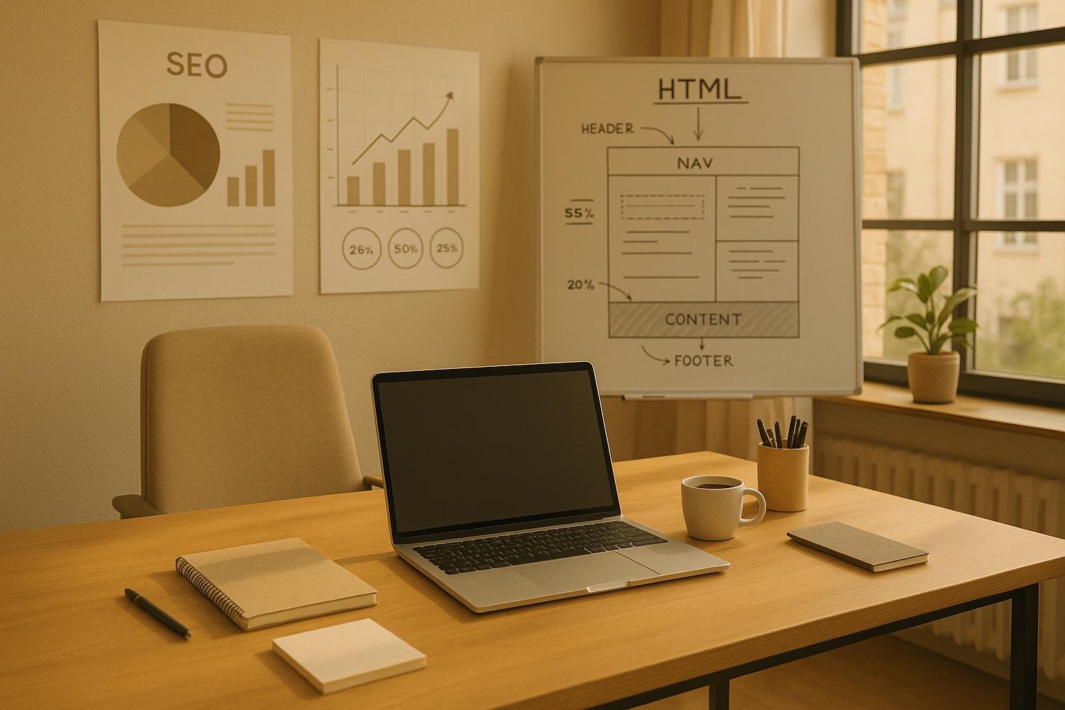 Modernes Büro-Arbeitszimmer in sanften Naturtönen mit Laptop, Notizbüchern, Whiteboard mit HTML-Skizzen und Charts an der Wand, beleuchtet von natürlichem Licht. Credit: 404 Magazine (Tobias Hager)