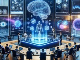 Futuristischer digitaler Arbeitsplatz mit holographischen Datenvisualisierungen, AR-Interfaces und modernen Designelementen, die die Integration von KI im Marketing darstellen.