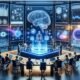 Futuristischer digitaler Arbeitsplatz mit holographischen Datenvisualisierungen, AR-Interfaces und modernen Designelementen, die die Integration von KI im Marketing darstellen.
