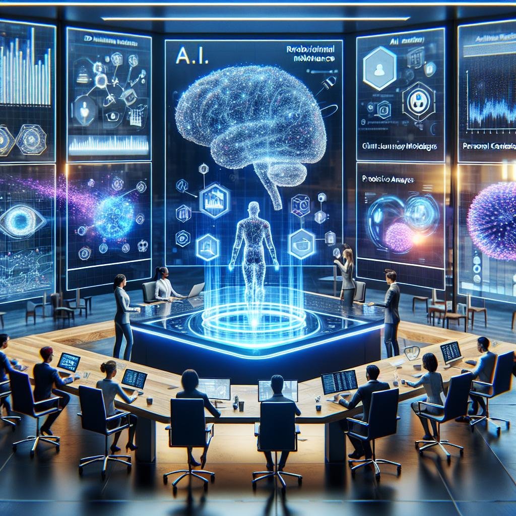 Futuristischer digitaler Arbeitsplatz mit holographischen Datenvisualisierungen, AR-Interfaces und modernen Designelementen, die die Integration von KI im Marketing darstellen.