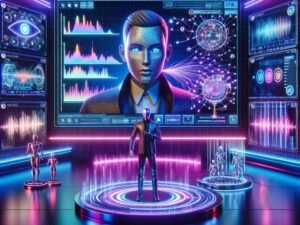 Futuristisches digitales Marketingstudio mit animiertem Avatar, holografischen Daten, neuralen Netzwerken und AI-Plattform-Icons, Credit: 404 Magazine (Tobias Hager)
