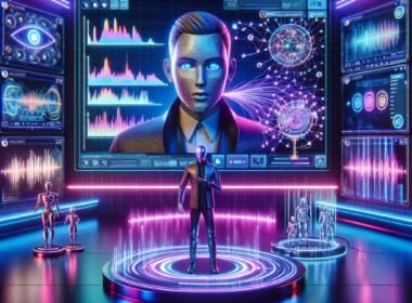 Futuristisches digitales Marketingstudio mit animiertem Avatar, holografischen Daten, neuralen Netzwerken und AI-Plattform-Icons, Credit: 404 Magazine (Tobias Hager)