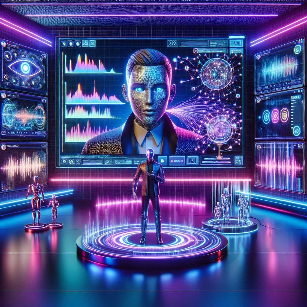 Futuristisches digitales Marketingstudio mit animiertem Avatar, holografischen Daten, neuralen Netzwerken und AI-Plattform-Icons, Credit: 404 Magazine (Tobias Hager)