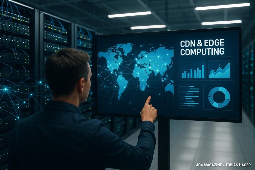 Person zeigt auf einen großen Bildschirm mit Diagrammen und Datenvisualisierungen in einem modernen, gut beleuchteten Rechenzentrum mit Edge-Servern und Kabeln.