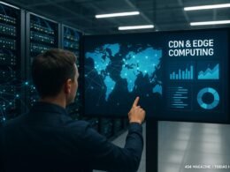Person zeigt auf einen großen Bildschirm mit Diagrammen und Datenvisualisierungen in einem modernen, gut beleuchteten Rechenzentrum mit Edge-Servern und Kabeln.