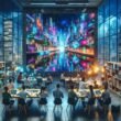 Futuristisches Büro mit großem Bildschirm, der eine lebendige, KI-generierte Stadt bei Nacht zeigt, umgeben von kreativen Professionals und technologischem Equipment.