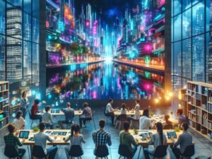 Futuristisches Büro mit großem Bildschirm, der eine lebendige, KI-generierte Stadt bei Nacht zeigt, umgeben von kreativen Professionals und technologischem Equipment.