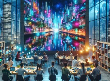 Futuristisches Büro mit großem Bildschirm, der eine lebendige, KI-generierte Stadt bei Nacht zeigt, umgeben von kreativen Professionals und technologischem Equipment.