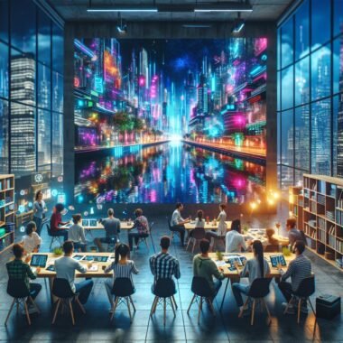 Futuristisches Büro mit großem Bildschirm, der eine lebendige, KI-generierte Stadt bei Nacht zeigt, umgeben von kreativen Professionals und technologischem Equipment.