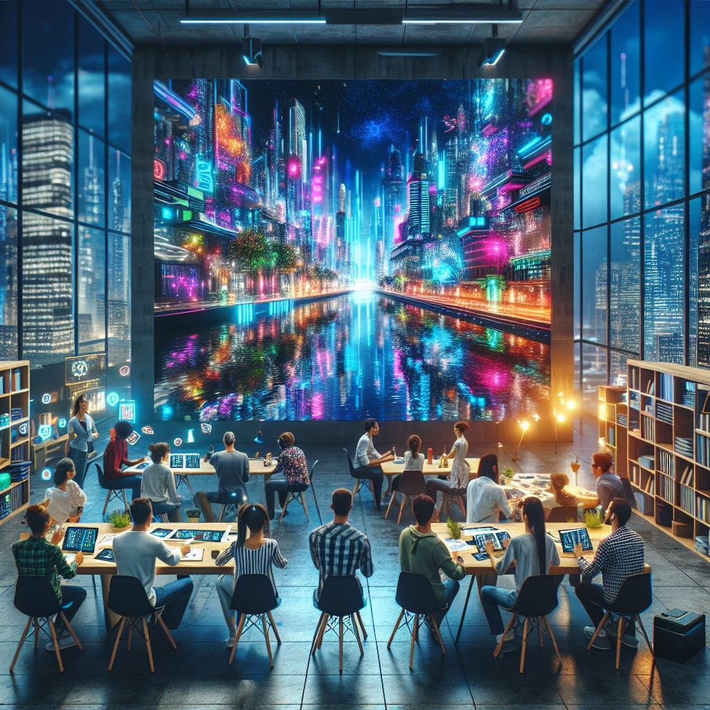 Futuristisches Büro mit großem Bildschirm, der eine lebendige, KI-generierte Stadt bei Nacht zeigt, umgeben von kreativen Professionals und technologischem Equipment.
