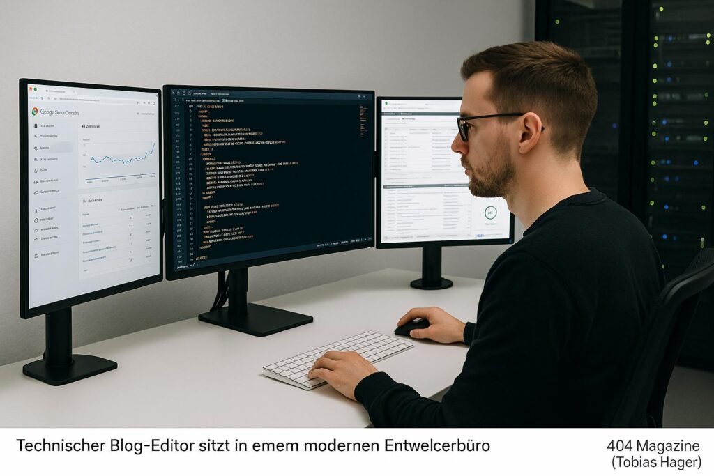 Technischer Blog-Editor vor mehreren Monitoren mit Code und SEO-Tools in einem modernen Büro. Im Hintergrund Server-Racks mit Statusanzeigen. Credit: 404 Magazine (Tobias Hager).