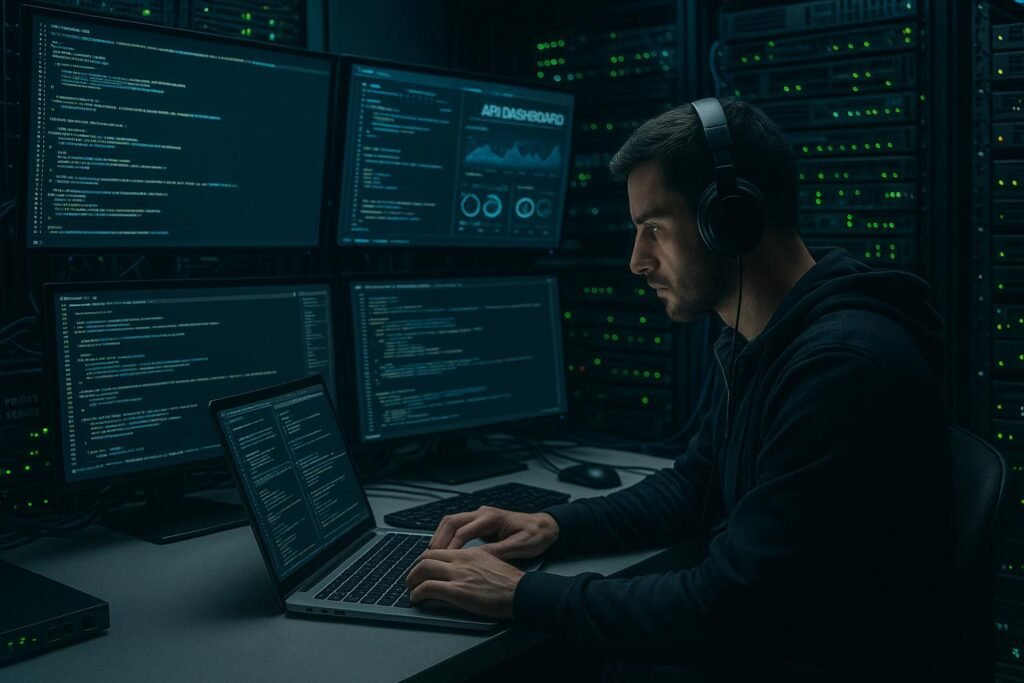 Technisches Studio mit Server-Racks, Monitoren mit Code und API-Dashboards, Entwickler am Laptop, Proxy-Server und Router im Hintergrund, vermittelt Hightech-Atmosphäre