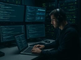 Technisches Studio mit Server-Racks, Monitoren mit Code und API-Dashboards, Entwickler am Laptop, Proxy-Server und Router im Hintergrund, vermittelt Hightech-Atmosphäre