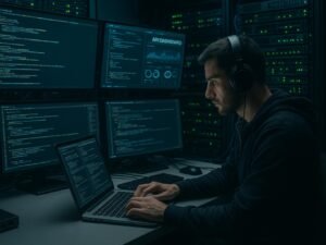 Technisches Studio mit Server-Racks, Monitoren mit Code und API-Dashboards, Entwickler am Laptop, Proxy-Server und Router im Hintergrund, vermittelt Hightech-Atmosphäre