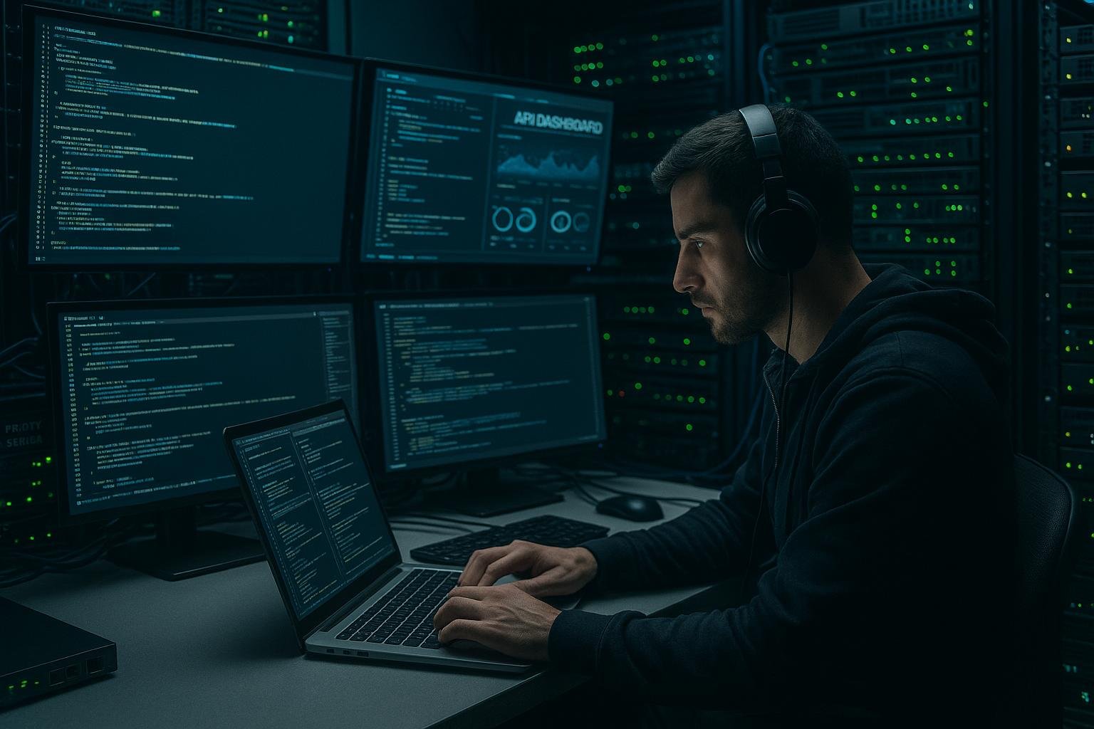 Technisches Studio mit Server-Racks, Monitoren mit Code und API-Dashboards, Entwickler am Laptop, Proxy-Server und Router im Hintergrund, vermittelt Hightech-Atmosphäre