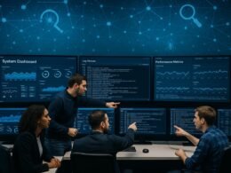 Moderner Kontrollraum mit großen Bildschirmen, Team arbeitet an Systemüberwachung und Datenanalyse, im Hintergrund eine abstrakte Netzwerkvisualisierung und SEO-Icons, Credit: 404 Magazine (Tobias Hager)