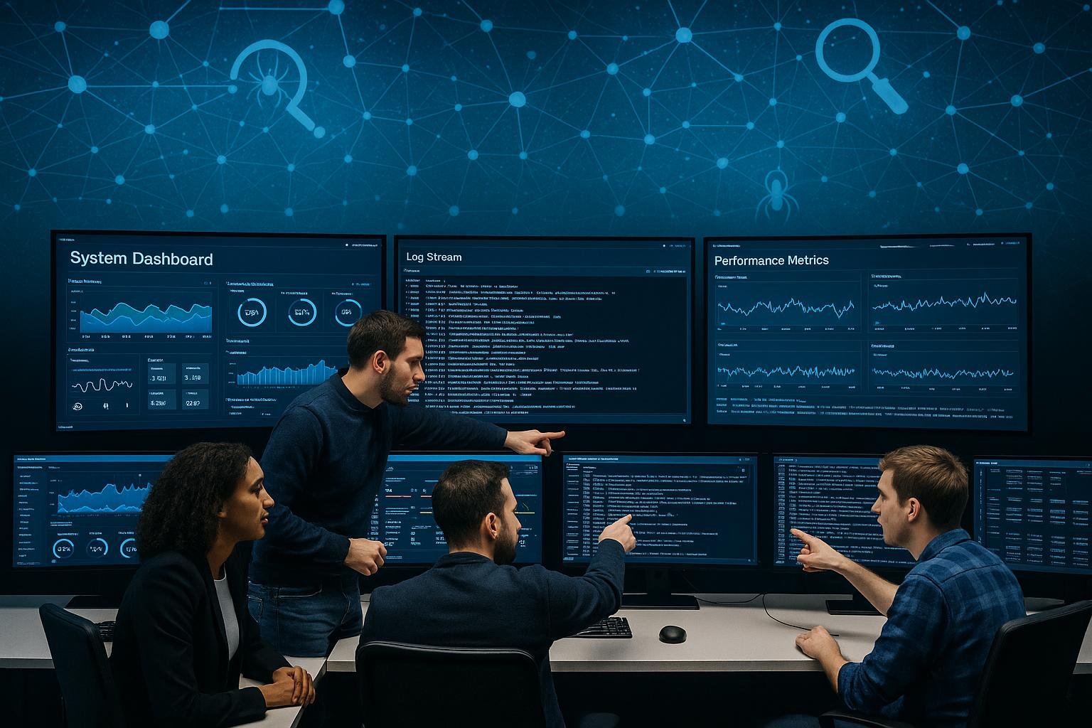 Moderner Kontrollraum mit großen Bildschirmen, Team arbeitet an Systemüberwachung und Datenanalyse, im Hintergrund eine abstrakte Netzwerkvisualisierung und SEO-Icons, Credit: 404 Magazine (Tobias Hager)