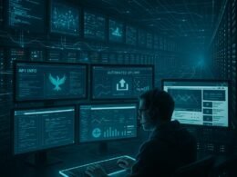 Futuristisches Kontrollzentrum mit Serverracks, Entwickler mit Headset vor leuchtendem Terminal und zahlreichen Datenvisualisierungen, repräsentiert automatisiertes YouTube-Management. Credit: 404 Magazine (Tobias Hager)