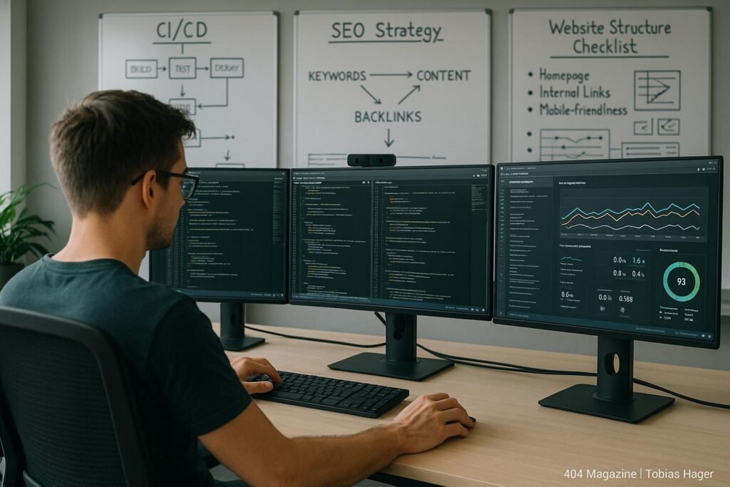Entwickler im modernen Büro vor Monitoren mit Code, Performance-Metriken und Whiteboards zu CI/CD und SEO-Strategien, Credit: 404 Magazine (Tobias Hager)
