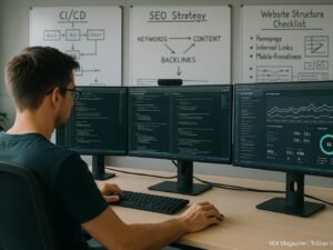 Entwickler im modernen Büro vor Monitoren mit Code, Performance-Metriken und Whiteboards zu CI/CD und SEO-Strategien, Credit: 404 Magazine (Tobias Hager)