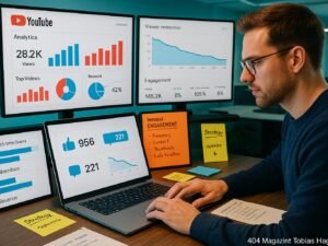 Ein digitaler Arbeitsplatz mit mehreren Bildschirmen, die YouTube-Analysen, Balkendiagramme, Tortendiagramme und Engagement-Metriken zeigen, sowie ein konzentrierter Marketer, der auf einem Laptop arbeitet.