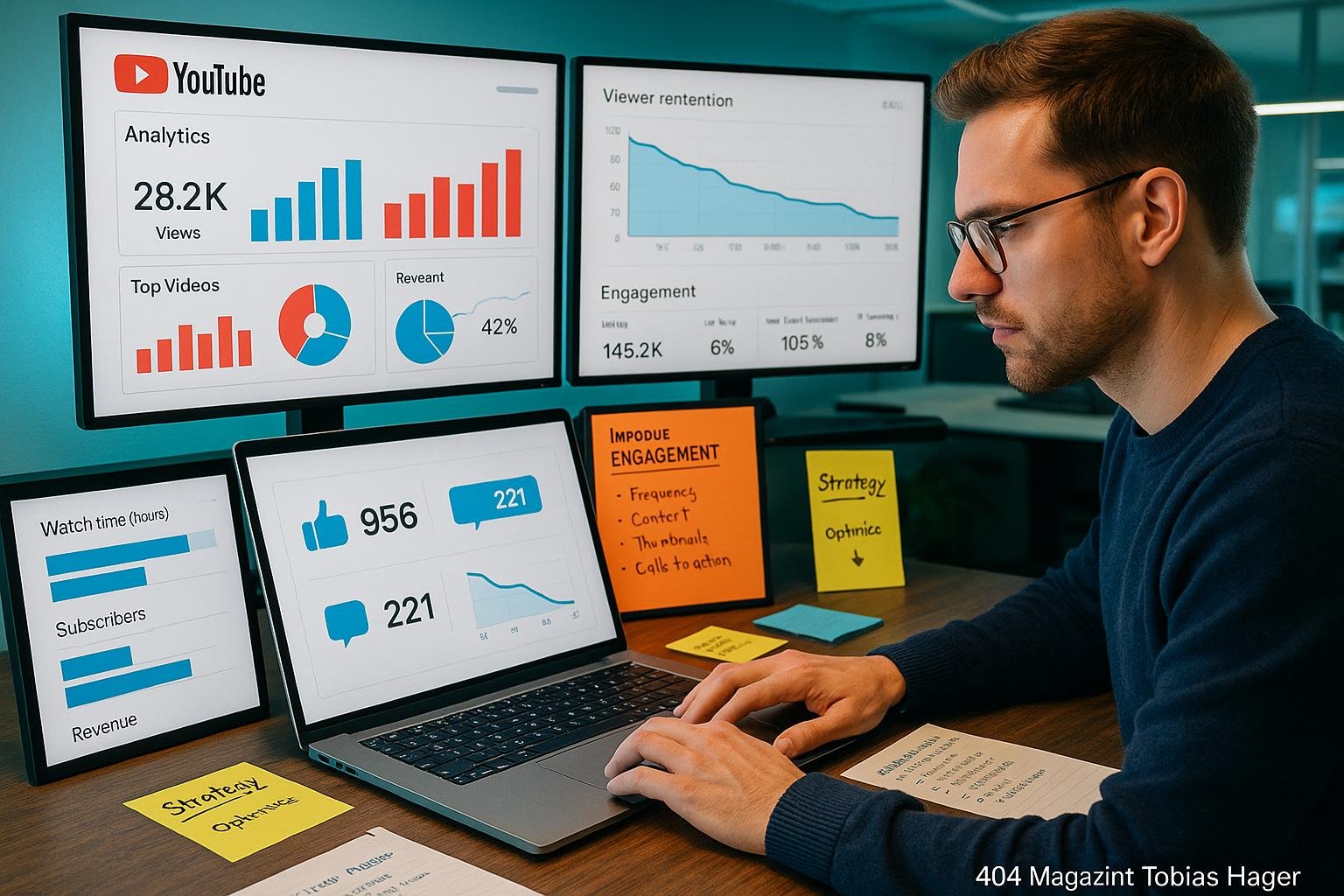 Ein digitaler Arbeitsplatz mit mehreren Bildschirmen, die YouTube-Analysen, Balkendiagramme, Tortendiagramme und Engagement-Metriken zeigen, sowie ein konzentrierter Marketer, der auf einem Laptop arbeitet.