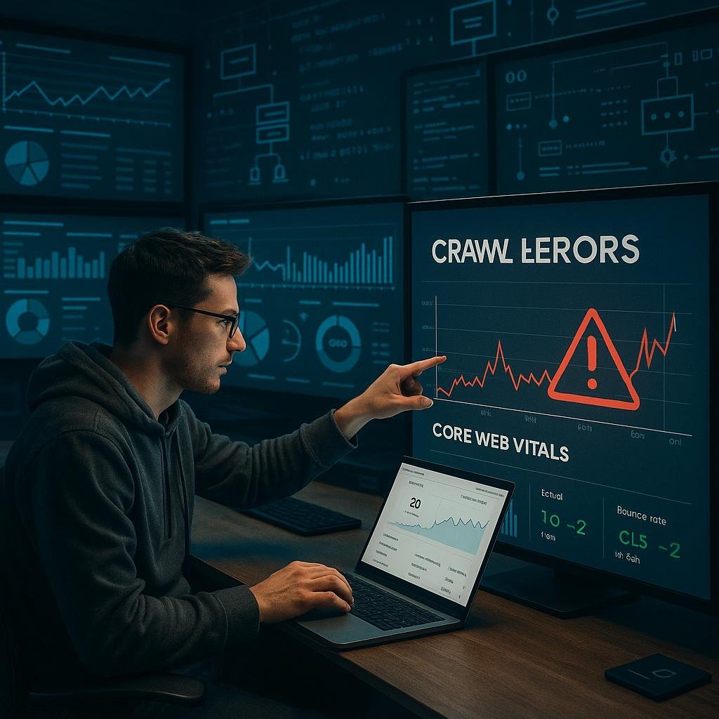 SEO-Spezialist analysiert Daten in einem hochmodernen Kontrollraum mit Monitoren, die Webanalyse-Daten, Fehlerwarnungen und Dashboards anzeigen, im Hintergrund Code-Snippets und Server-Icons, beleuchtet von kühlem, fokussiertem Licht. Credit: 404 Magazine (Tobias Hager)