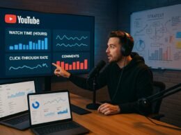 Modernes YouTube-Studio mit mehreren Displays, Analytics-Tools und einem Content-Creator, der auf einen großen Bildschirm mit Engagement-Metriken zeigt, im Hintergrund Whiteboards mit Diagrammen. Credit: 404 Magazine (Tobias Hager)