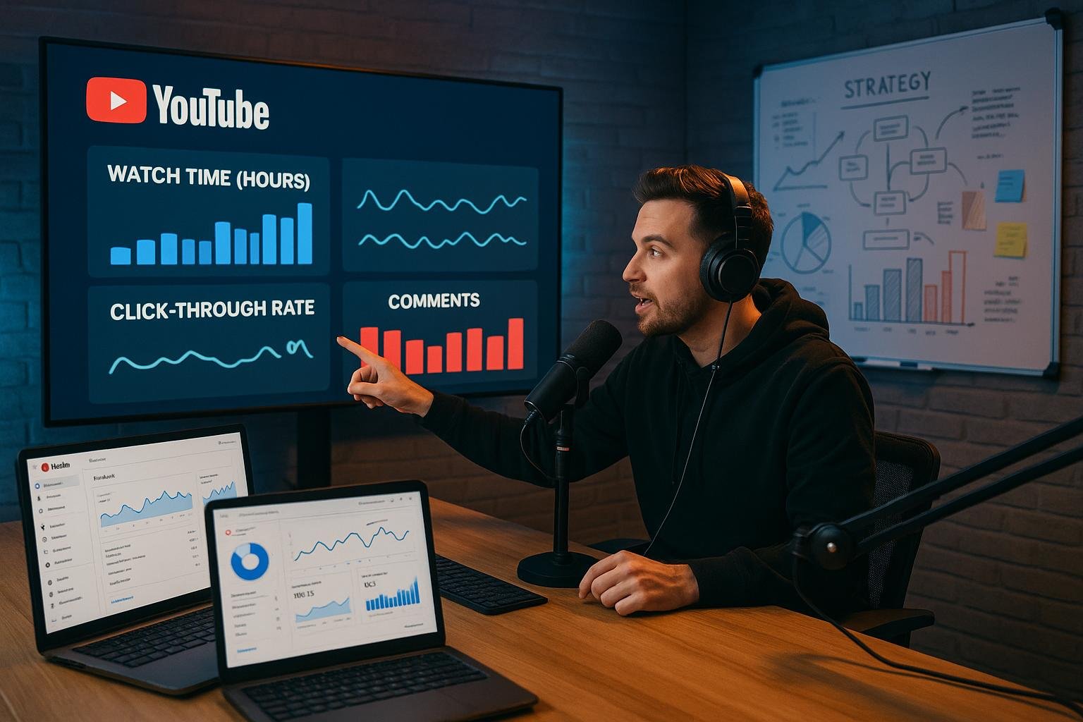 Modernes YouTube-Studio mit mehreren Displays, Analytics-Tools und einem Content-Creator, der auf einen großen Bildschirm mit Engagement-Metriken zeigt, im Hintergrund Whiteboards mit Diagrammen. Credit: 404 Magazine (Tobias Hager)